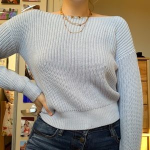 Blue Boohoo Slash Neck Crop Knit Sweater Medium
